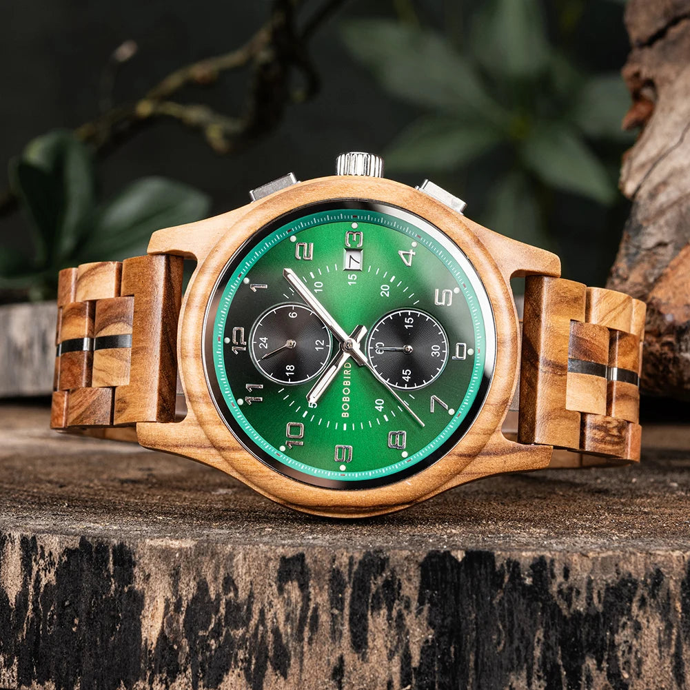 RBB Wooden Chronograph Watch for Men – Luminous Hands, Natural Wood Design, Anniversary Gift