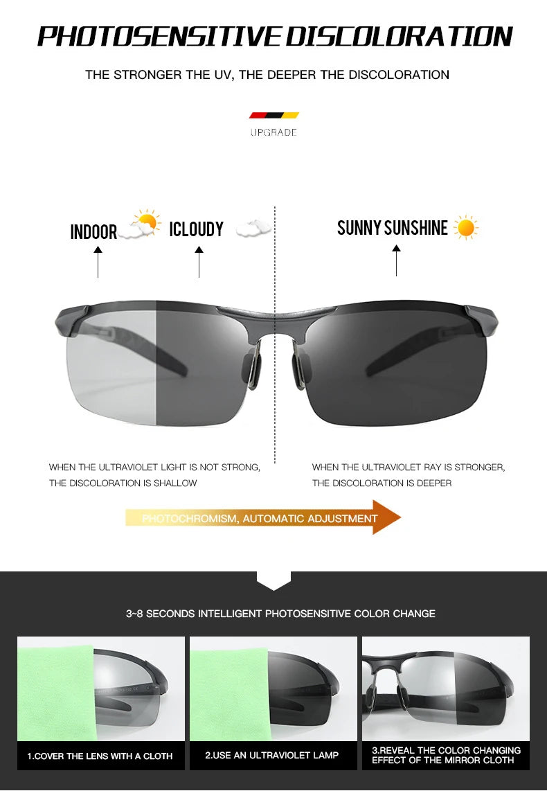 RBB Rimless Aluminium Outdoor Sport Sunglasses – Photochromic Polarized UV Protection for Men