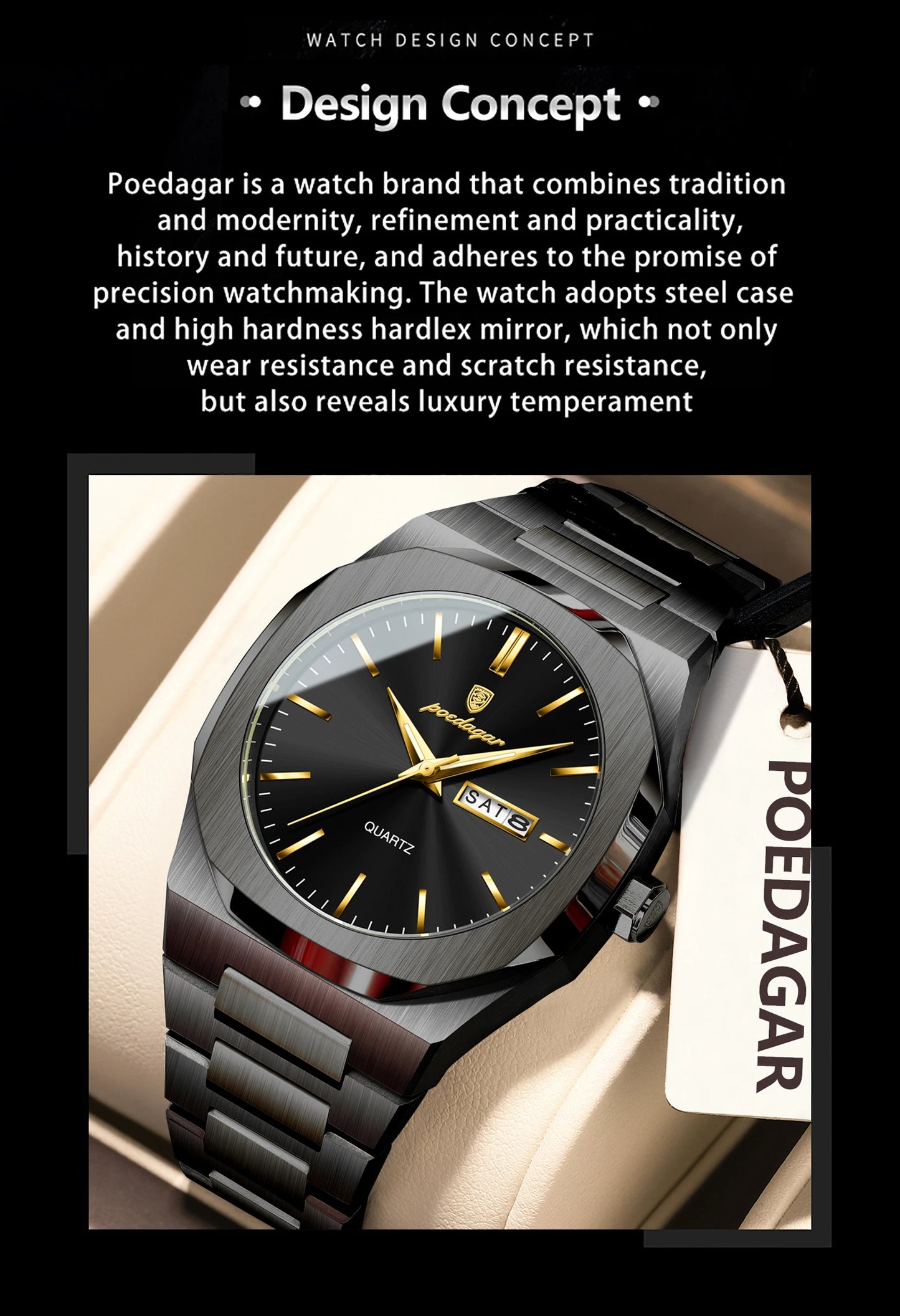 RBB Men’s Fashion Quartz Watch – Waterproof Luminous Stainless Steel with Date & Week Display