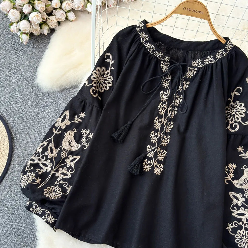 RBB Women's Retro Ethnic Embroidered Shirt –  Style Loose Long Sleeve Blouse