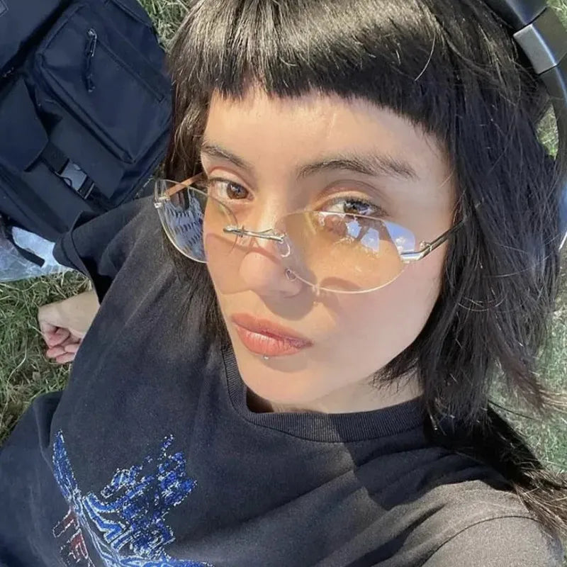 RBB Y2K Oval Rimless Sunglasses – Women’s Fashion Wrap Around Eyewear