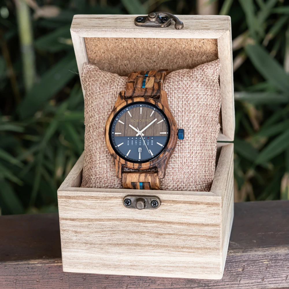 RBB Men's Wooden Quartz Watch – Unique Design with Week & Date Display