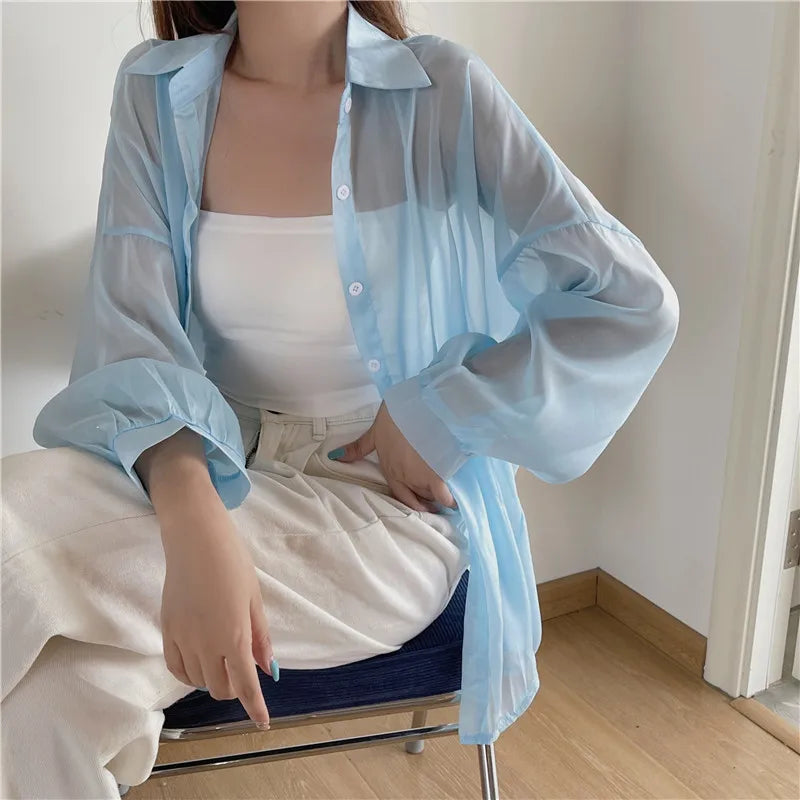 RBB Women’s Semi-Sheer Shimmer Long Sleeve Shirt – Lightweight Button-Down Collared Top for Spring/Summer