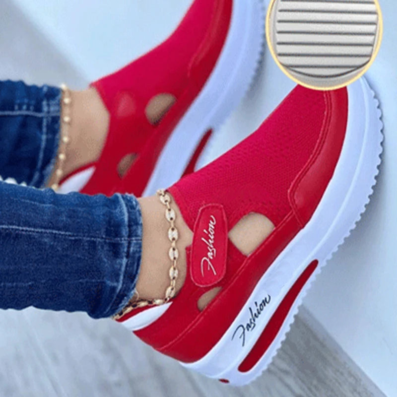 Red Women’s Canvas Sneakers – Casual Tennis Platform Shoes with Hollow Out Design