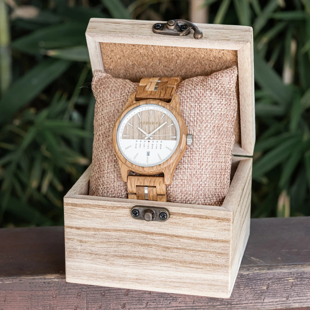 RBB Men's Wooden Quartz Watch – Unique Design with Week & Date Display