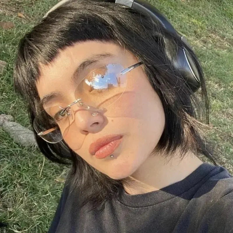 RBB Y2K Oval Rimless Sunglasses – Women’s Fashion Wrap Around Eyewear