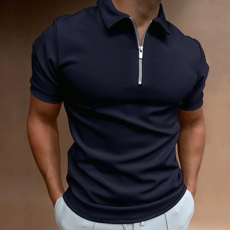 RBB Men’s Summer Solid Color Polo Shirt – Casual Short Sleeve Zipper Collar Streetwear Top