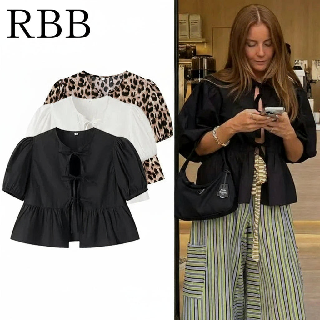 Black blouse with puff sleeves and bow detail, white blouse, leopard print blouse, and a woman wearing a black blouse with a bow tie.
