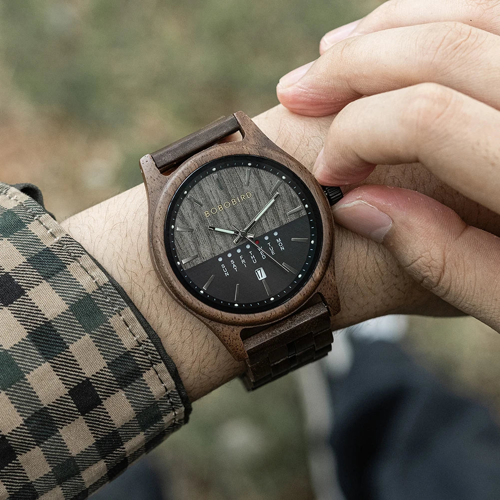RBB Men's Wooden Quartz Watch – Unique Design with Week & Date Display