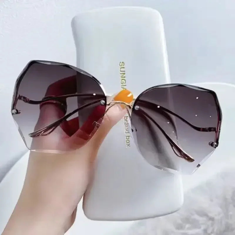 RBB Irregular Rimless Round Sunglasses for Women – Gradient Fashion Designer Shades