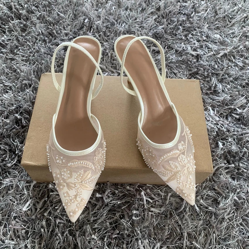 RBB Designer White Wedding Pumps – Embroidered Mesh Floral Slingback High Heels for Women