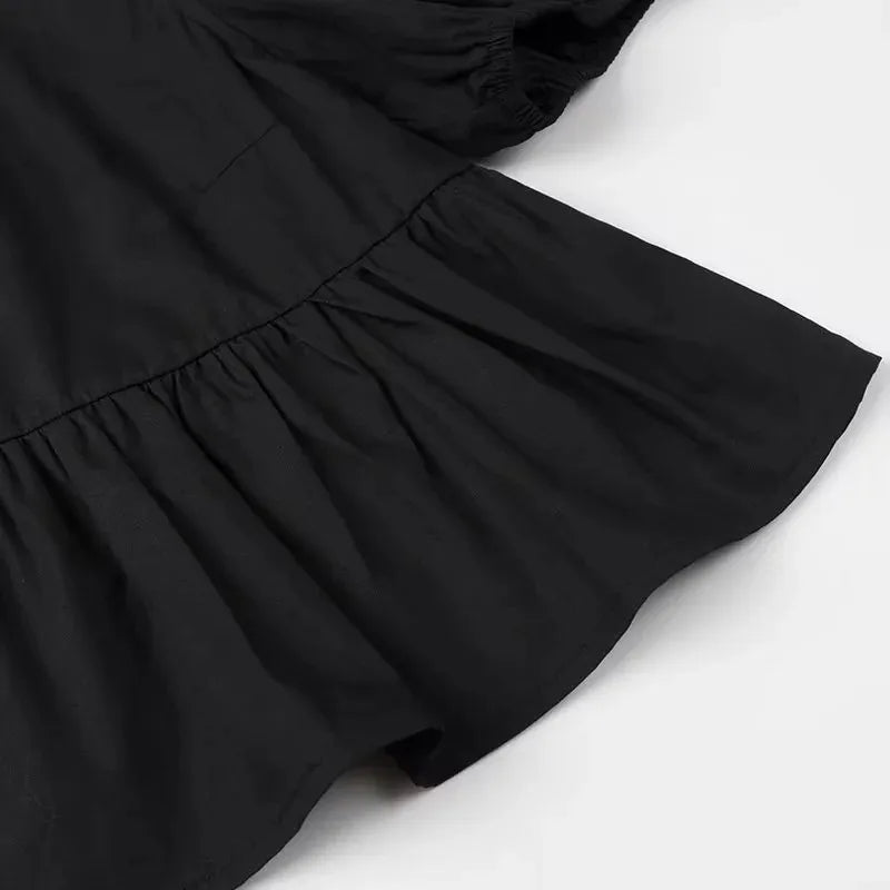 RBB Women's Ruffle Puff Sleeve Blouse – Ruched Crop Top Shirt (White & Black)