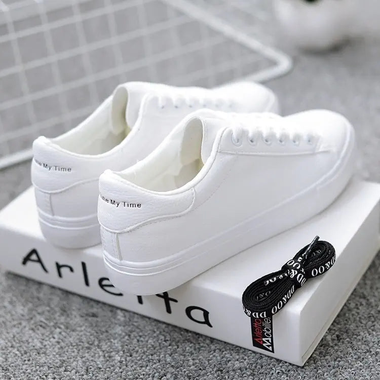 Women’s PU Leather Vulcanized Platform Sneakers – Classic White Casual Shoes