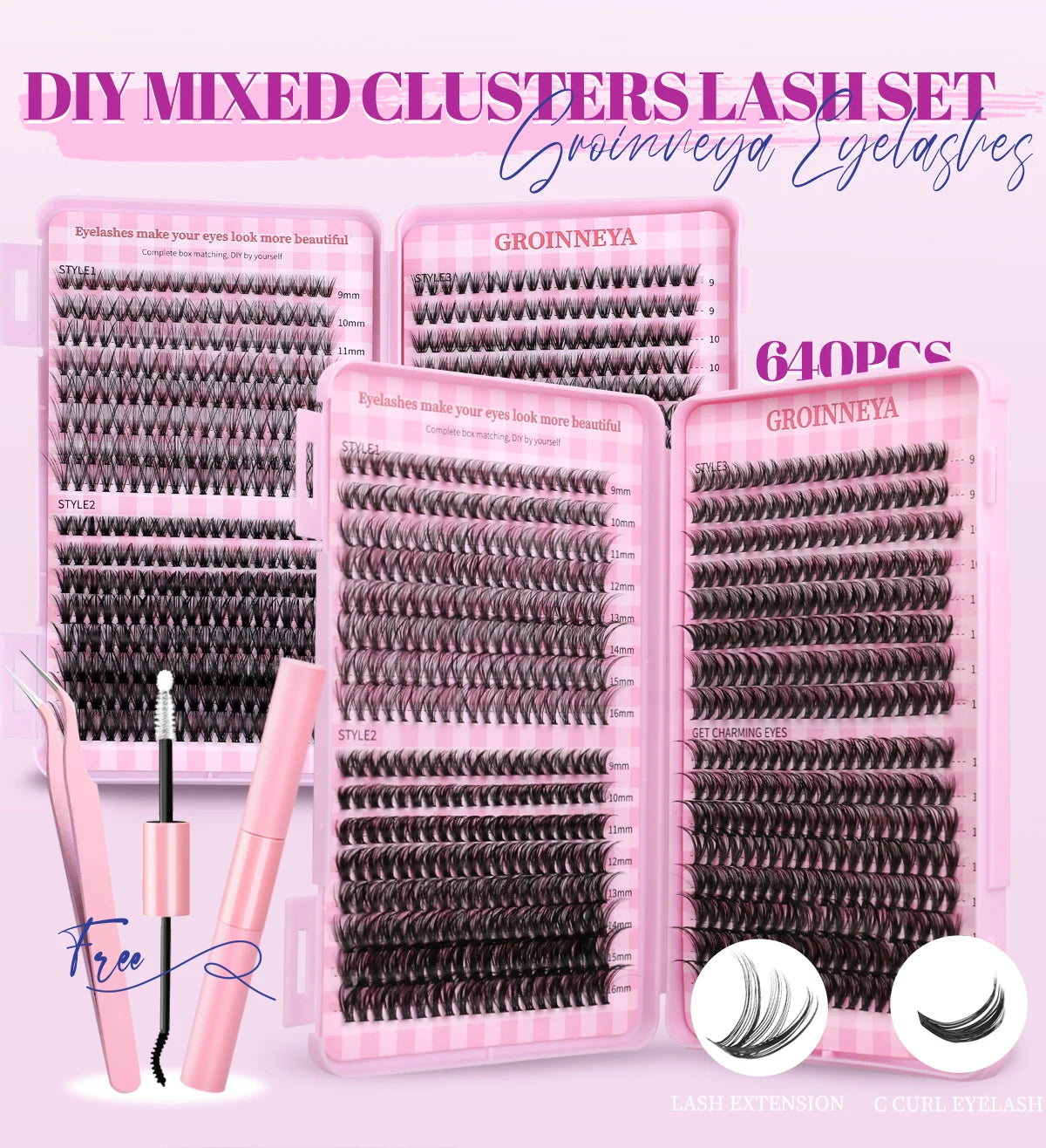 DIY Lash Clusters Set – Mixed Fluffy Individual Extensions with Lash Bond & Seal Kit