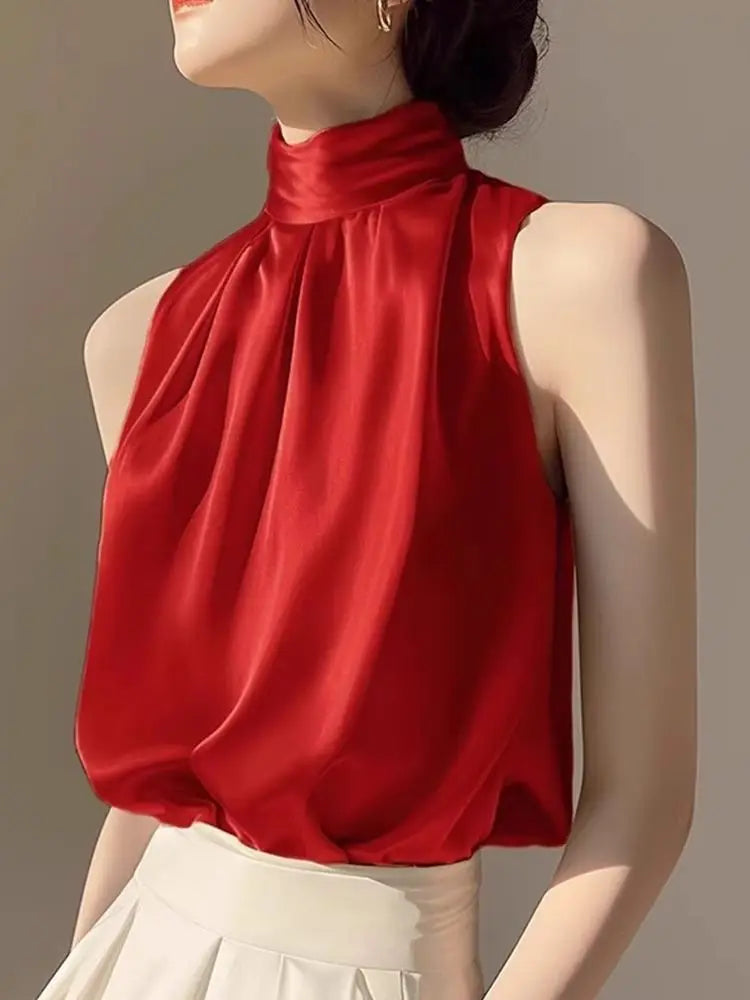 RBB Women's Silky Satin Sleeveless Crop Top – Summer Half Turtleneck Party Blouse