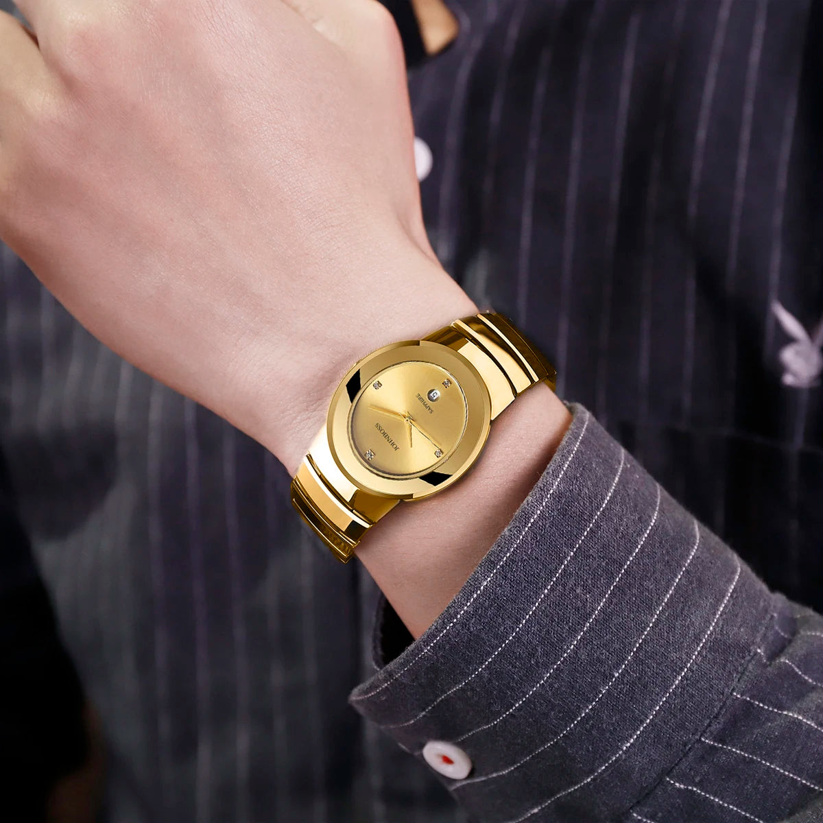 RBB Men's Oval Gold Tungsten Steel Watch – Swiss Quartz Movement, Sapphire Glass, Diamond Markers