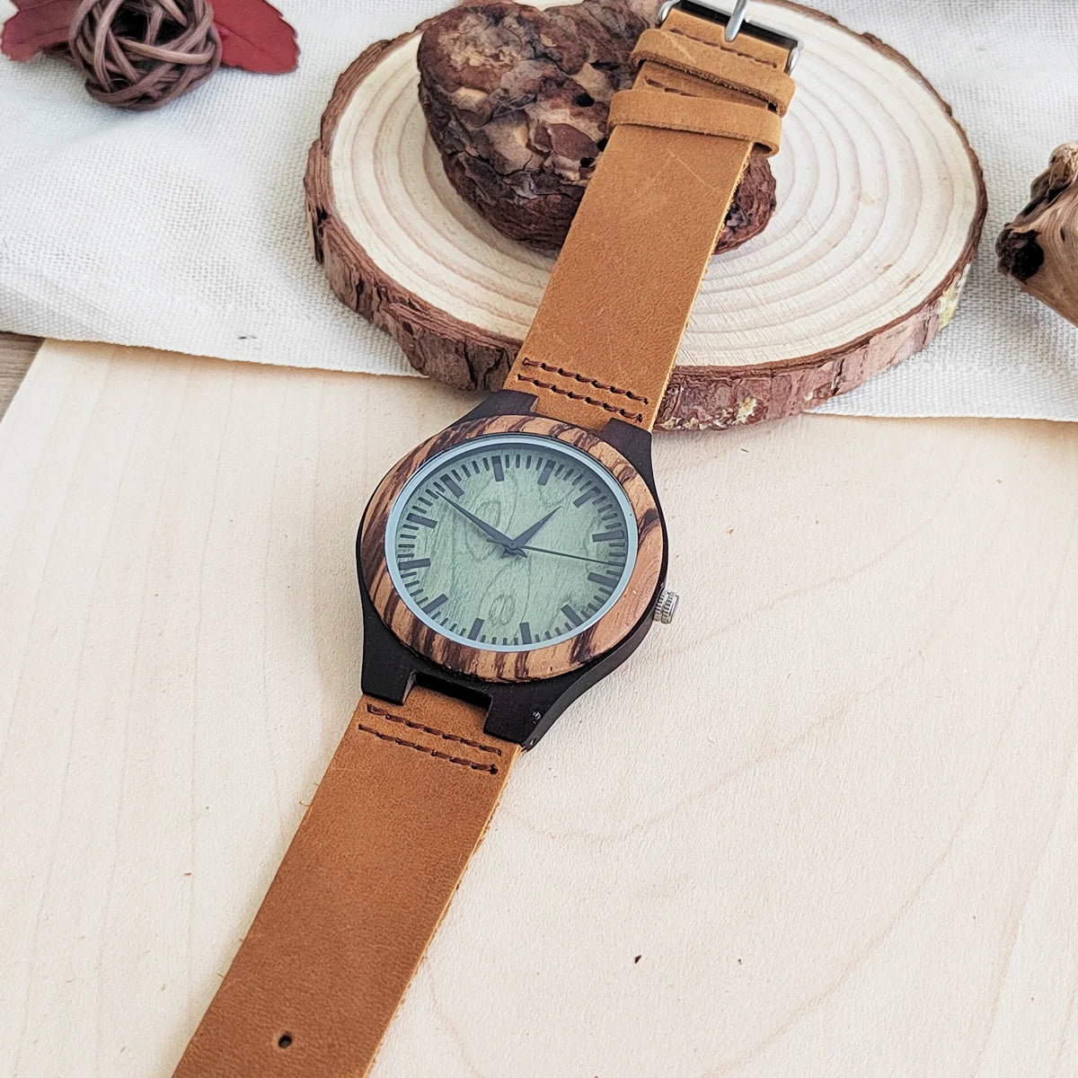 RBB Personalized Wooden Quartz Watch – Unisex Leather Strap, Custom Engraving, Gift-Ready