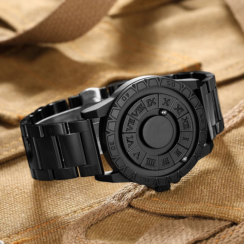 RBB New Men’s Black Stainless Steel Quartz Wristwatch – Magnetic Bead Pointer, Conceptual Dial, Casual Style