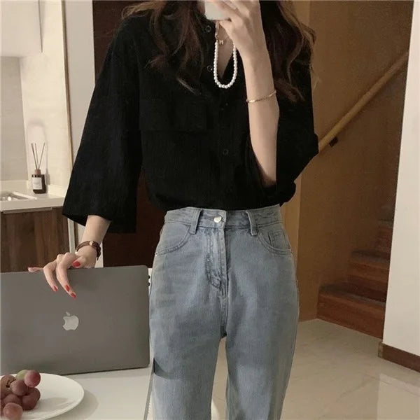 RBB Women's Retro Quarter Sleeve Shirt – Loose Fit Casual Summer Outerwear