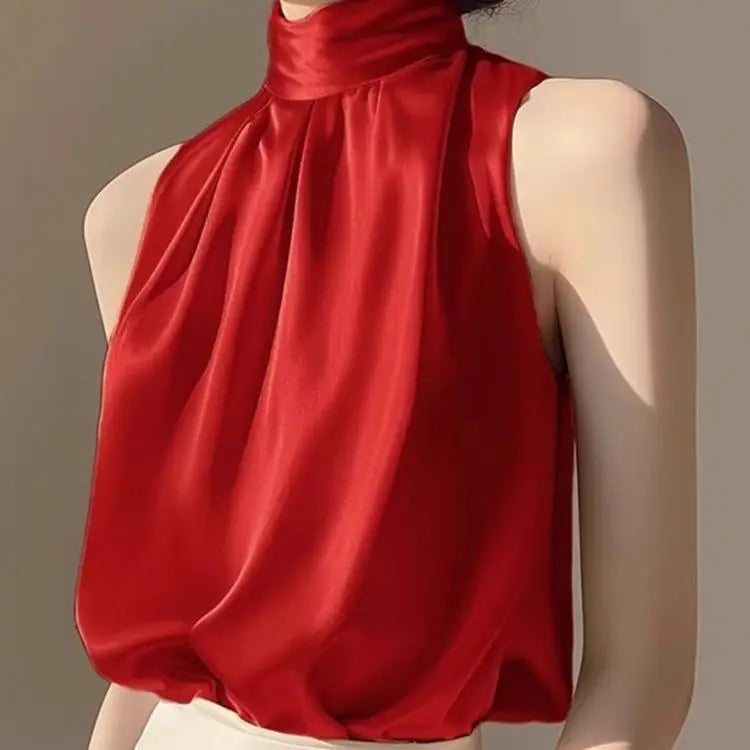 RBB Women's Silky Satin Sleeveless Crop Top – Summer Half Turtleneck Party Blouse
