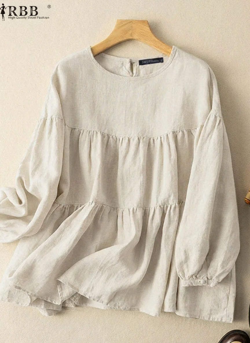 RBB Vintage Cotton Long Sleeve Women’s Blouse – O-Neck Solid Casual Shirt with Button Cuffs