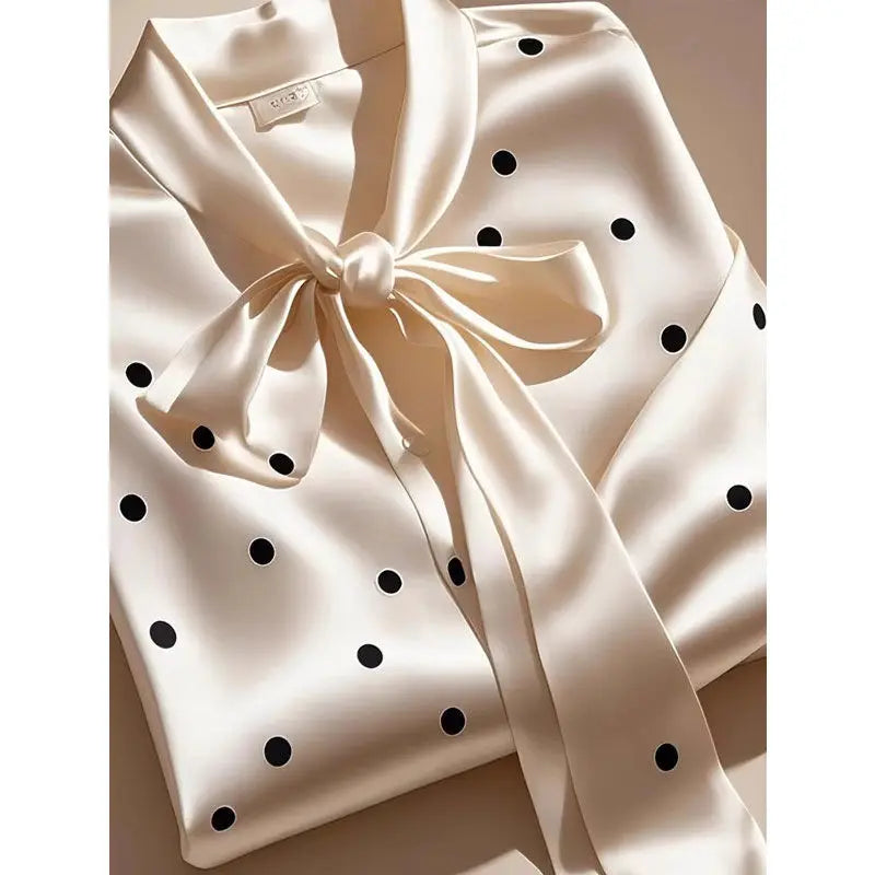 RBB Women's Satin Polka Dot Blouse – Elegant Lace-Up Bow Long Sleeve Top