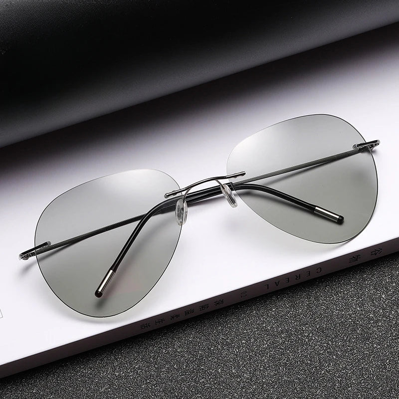 RBB Rimless Polarized Photochromic Sunglasses | Ultra-Light Titanium Driving Glasses for Men – Day & Night Vision