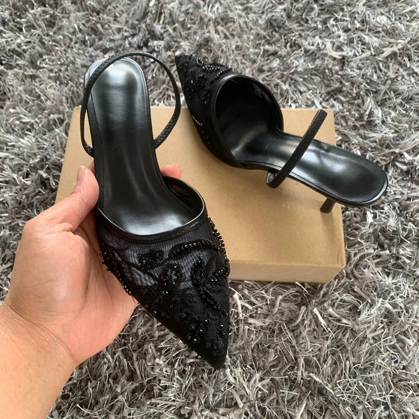 RBB Black Embroidered Mesh Slingback High Heels – Elegant Wedding & Party Pumps for Women