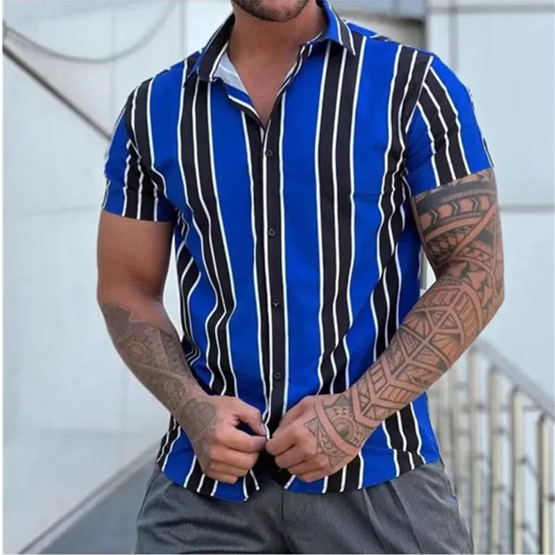 RBB Men's Striped Short Sleeve Button-Up T-Shirt – Turn-Down Collar Casual Summer Fashion Top