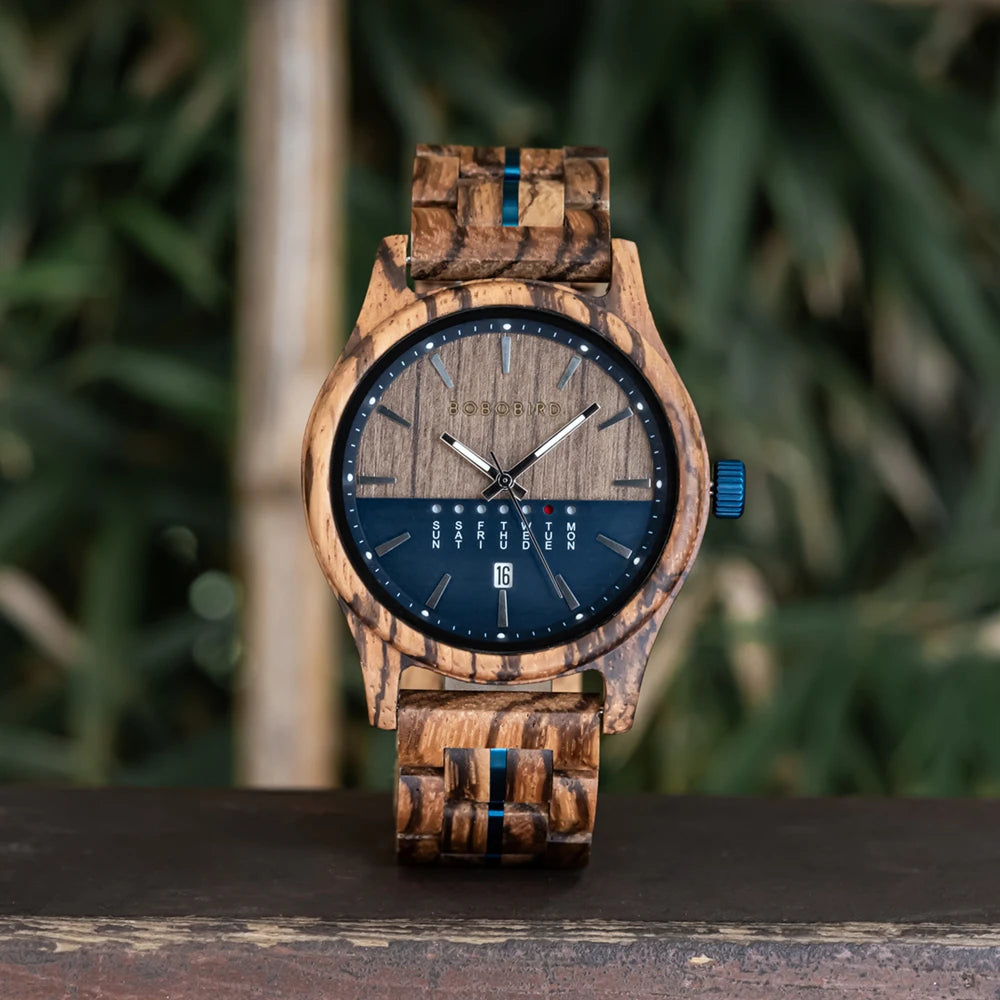 RBB Men's Wooden Quartz Watch – Unique Design with Week & Date Display