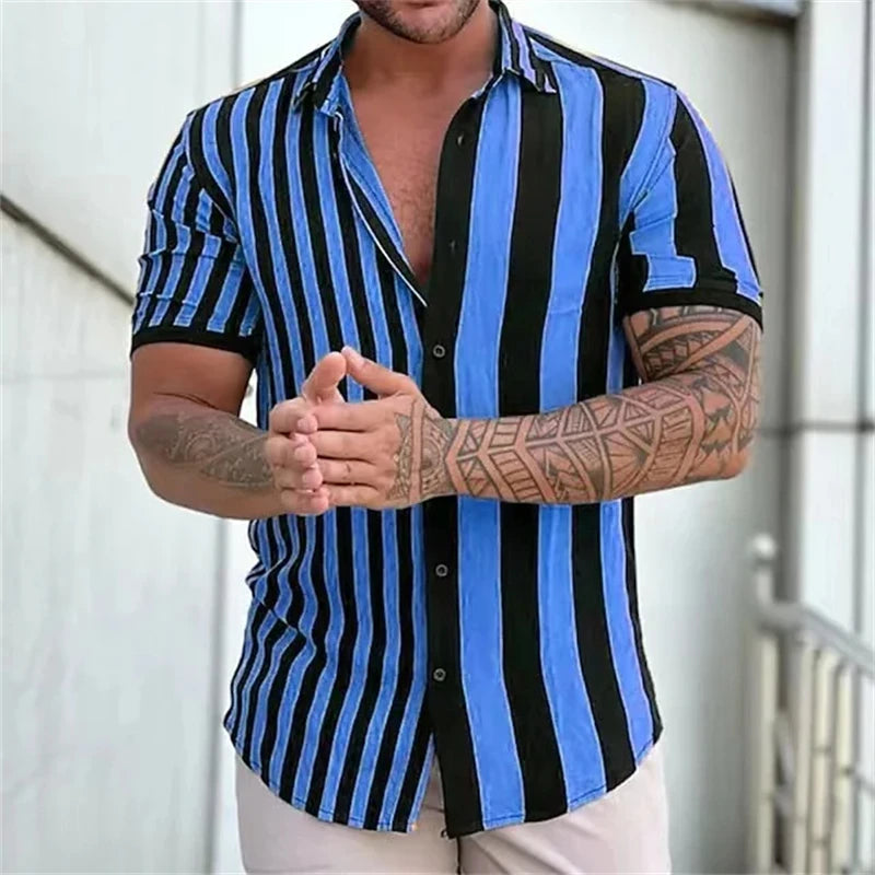 RBB Men's Striped Short Sleeve Button-Up T-Shirt – Turn-Down Collar Casual Summer Fashion Top