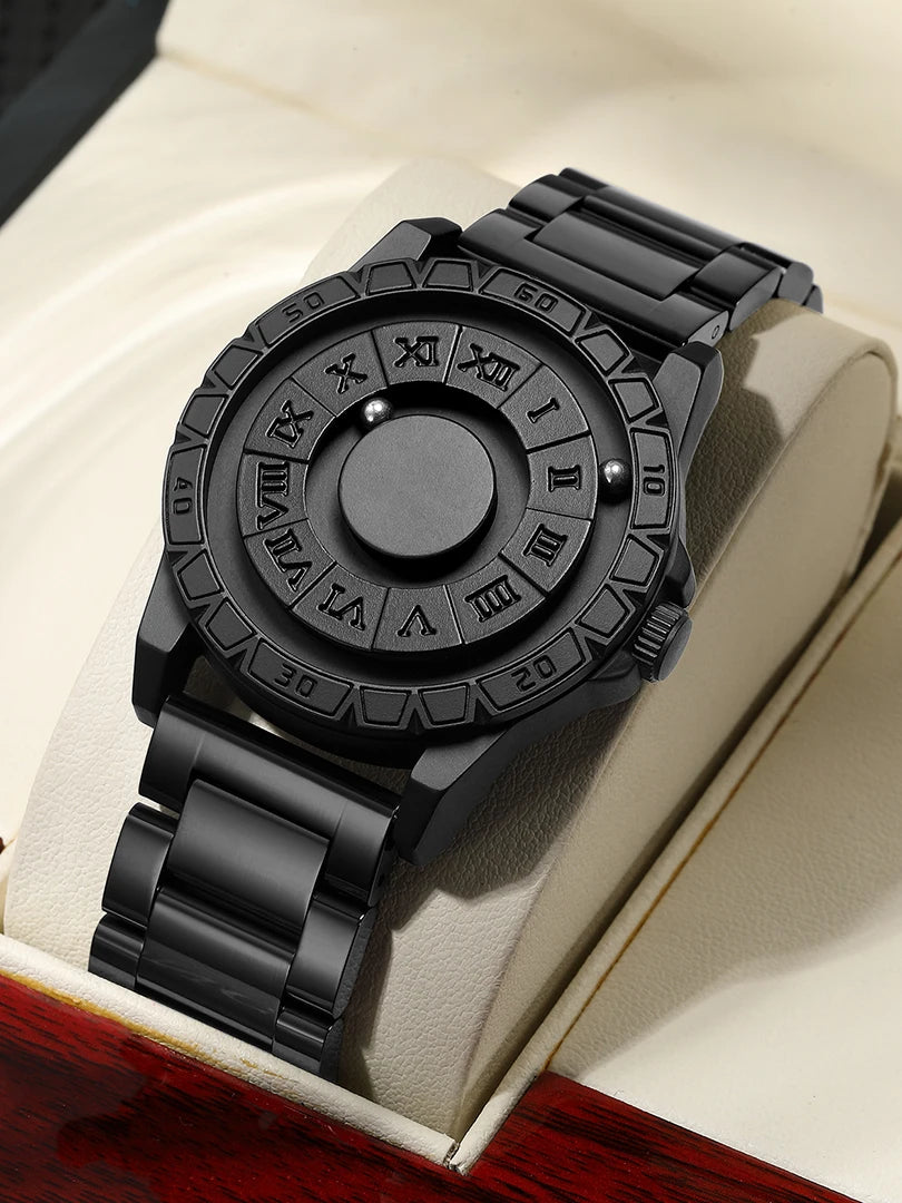 RBB New Men’s Black Stainless Steel Quartz Wristwatch – Magnetic Bead Pointer, Conceptual Dial, Casual Style