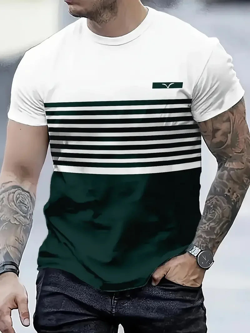 RBB Summer Men's Oversized Stripe Print T-Shirt – Casual Loose Fit, Short Sleeve Round Neck Streetwear Top
