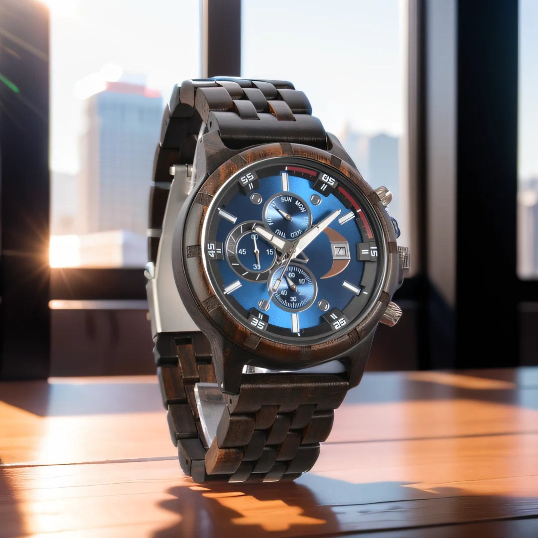 RBB Men’s Wooden Quartz Watch – Date & Week Display with Gift Box