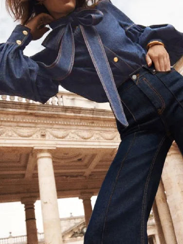 RBB Women's Imitation Denim Blouse – High Neck Puff Sleeve Top with Bow Detail