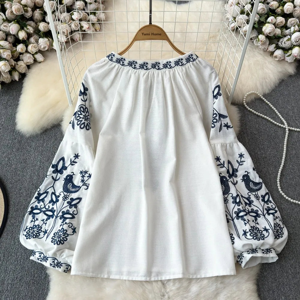 RBB Women's Retro Ethnic Embroidered Shirt –  Style Loose Long Sleeve Blouse