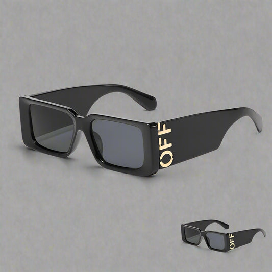 Black sunglasses with gold text on a white background, featuring a 'Buy 1 Get 1 Free' offer.