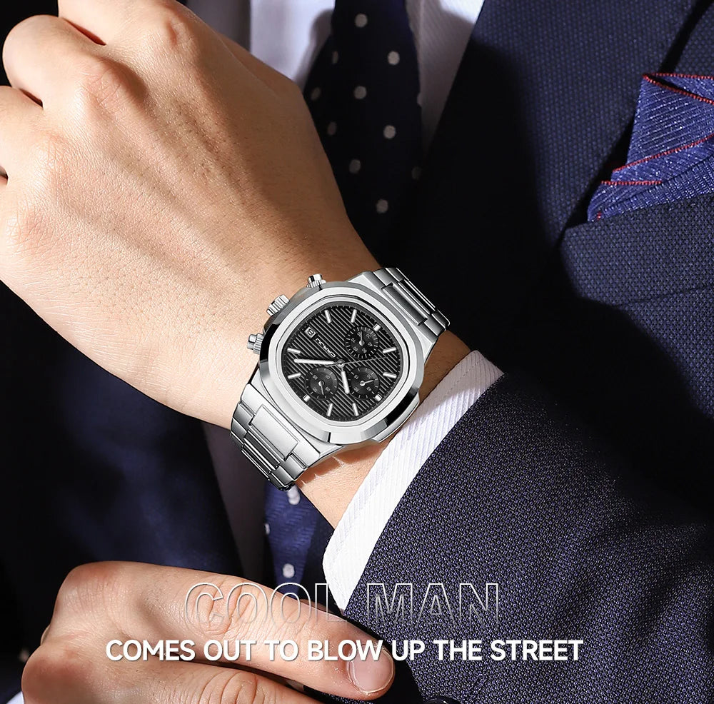 RBB Men's Luxury Quartz Watch – Stainless Steel, Square Case, Luminous & Waterproof