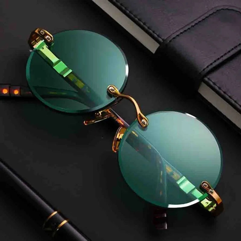 RBB Classic Rimless Retro Round Sunglasses – Unisex Crystal Frame with Dark Green Lenses
