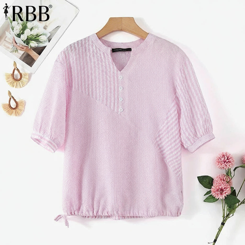 RBB Summer Elegant Striped Women’s Blouse – V-Neck Half Sleeve Loose Fit Drawstring Hem Top