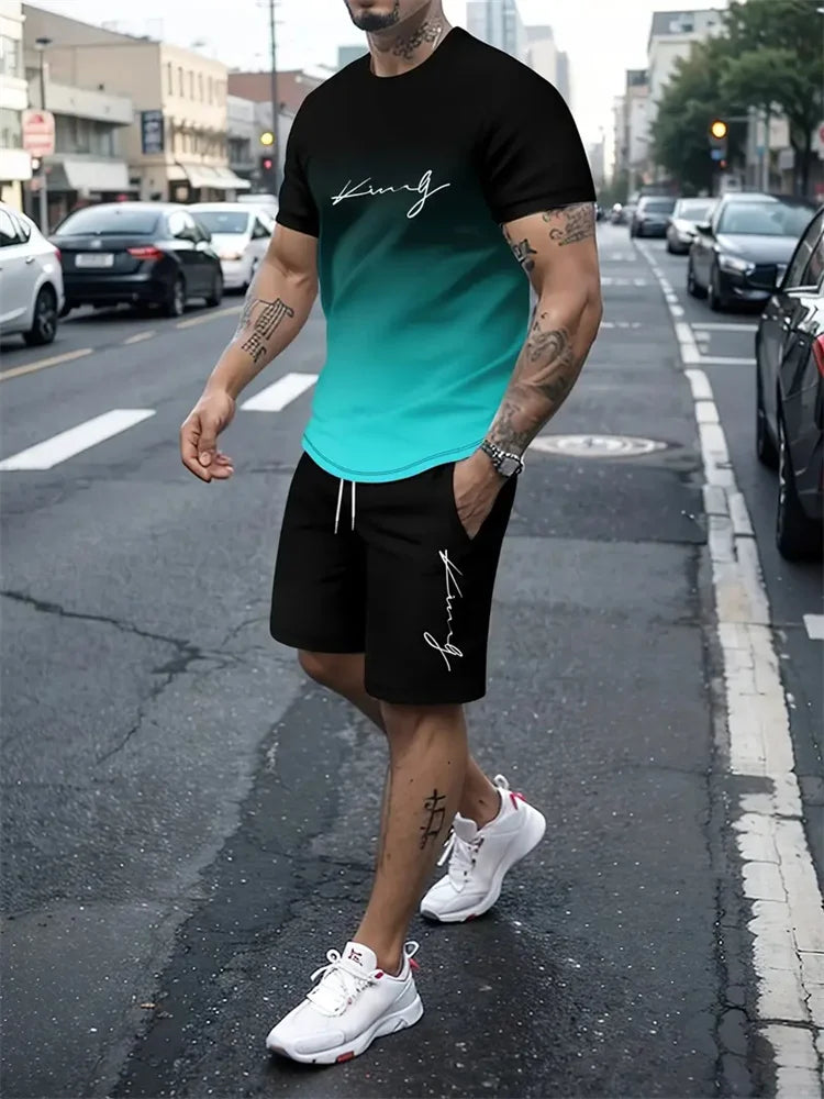 RBB Men’s 2-Piece Summer Outfit – 3D Printed Short Sleeve T-Shirt & Casual Shorts Sportswear Tracksuit