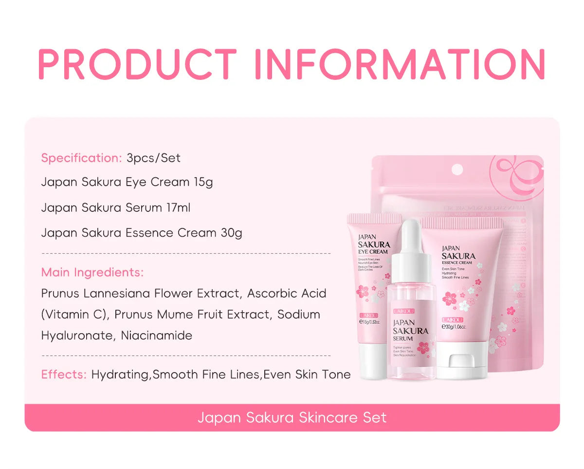 3-Piece Sakura Skincare Set – Cream, Serum & Eye Cream for Daily Moisturizing