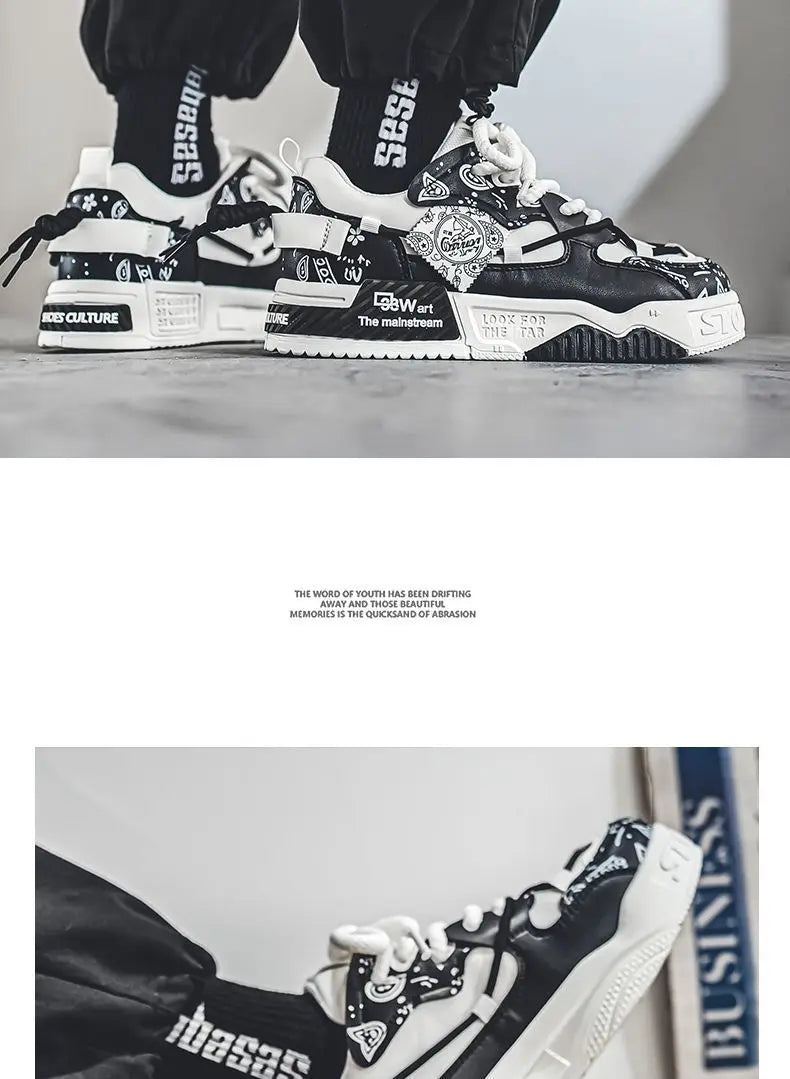 Men’s 2025 Platform Sneakers – Trendy Graffiti Skateboard Lace-Up, Soft Sole, Non-Slip Outdoor Sports Shoes