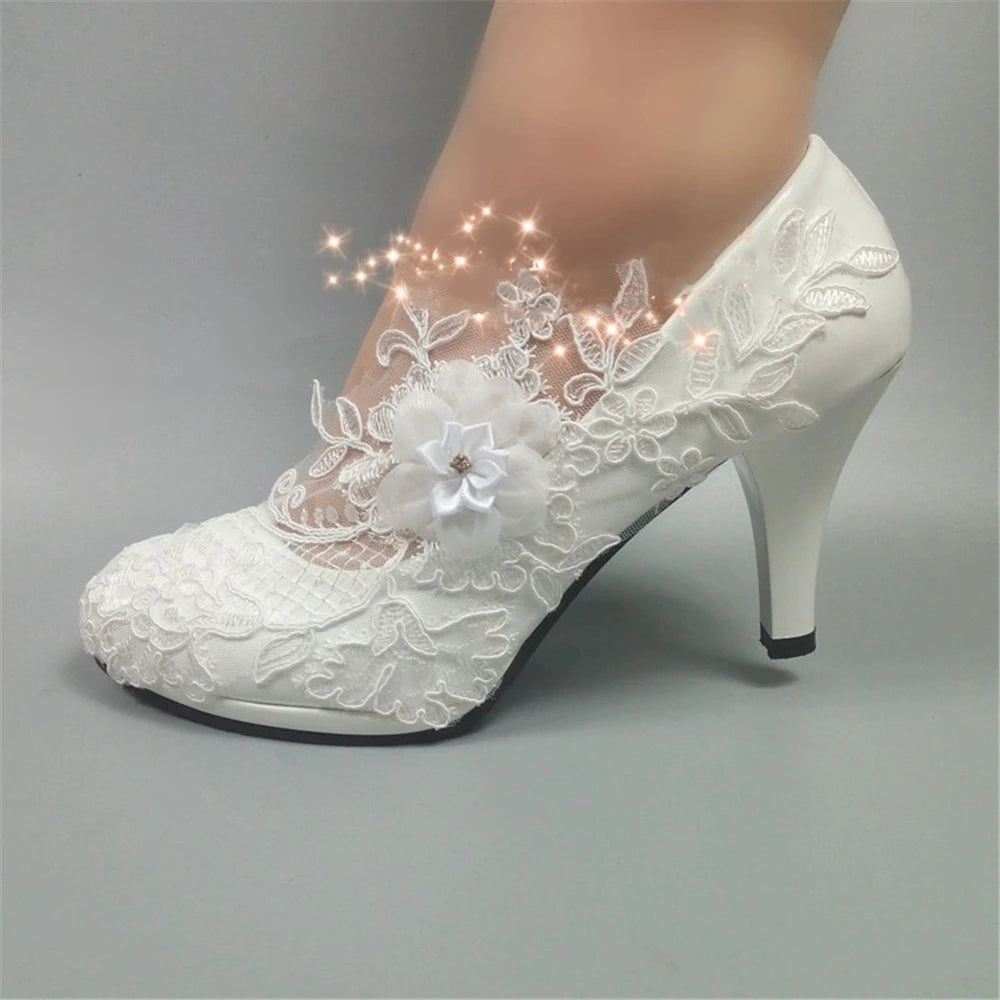 RBB Spring New Round-Toe Waterproof Platform Lace Rhinestone Low-Heel Wedding Shoes – Thin High-Heeled Dress Shoes
