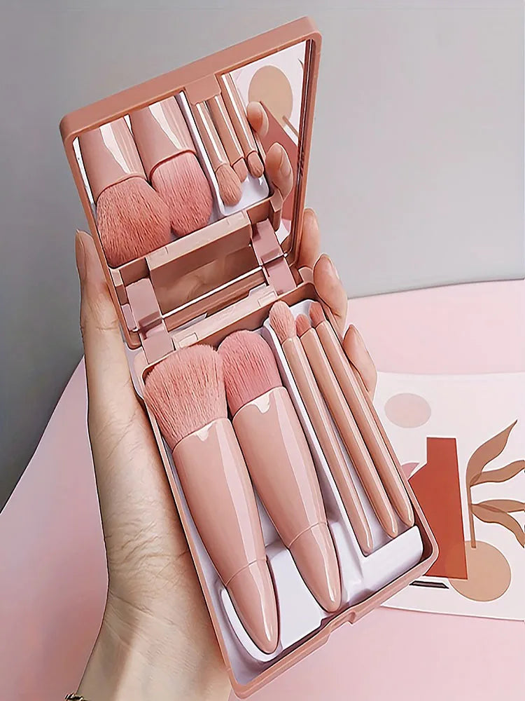 Portable Makeup Brush Kit – 5 Pcs with Foldable Mirror