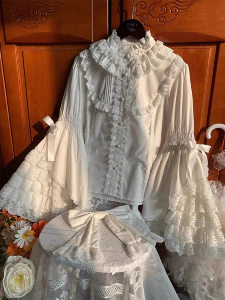 RBB Women's Kawaii Lace Patchwork Shirt – Sweet Lolita Y2K Loose Flare Sleeve Blouse