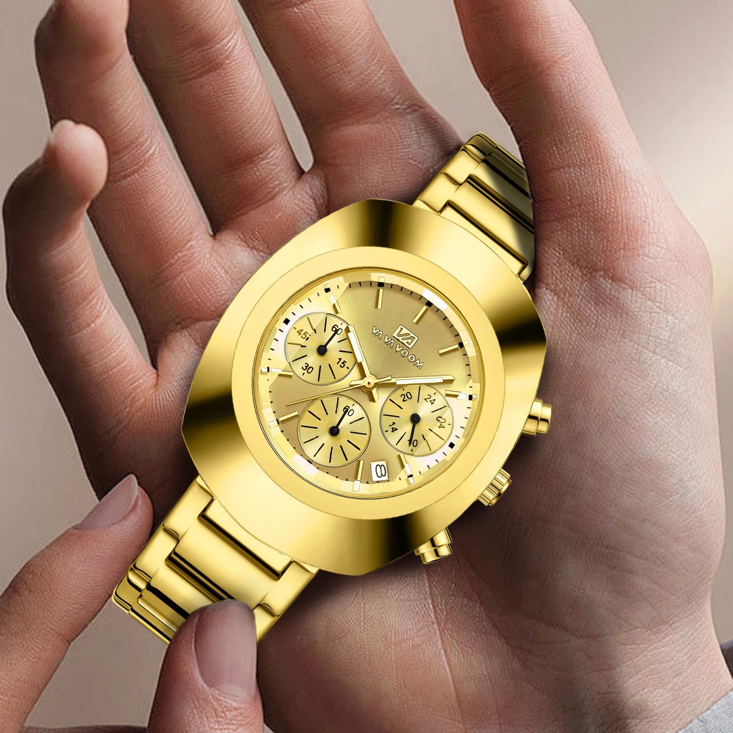 RBB Men's Multifunctional Quartz Watch – Blue & Gold Oval Dial with Stainless Steel Strap