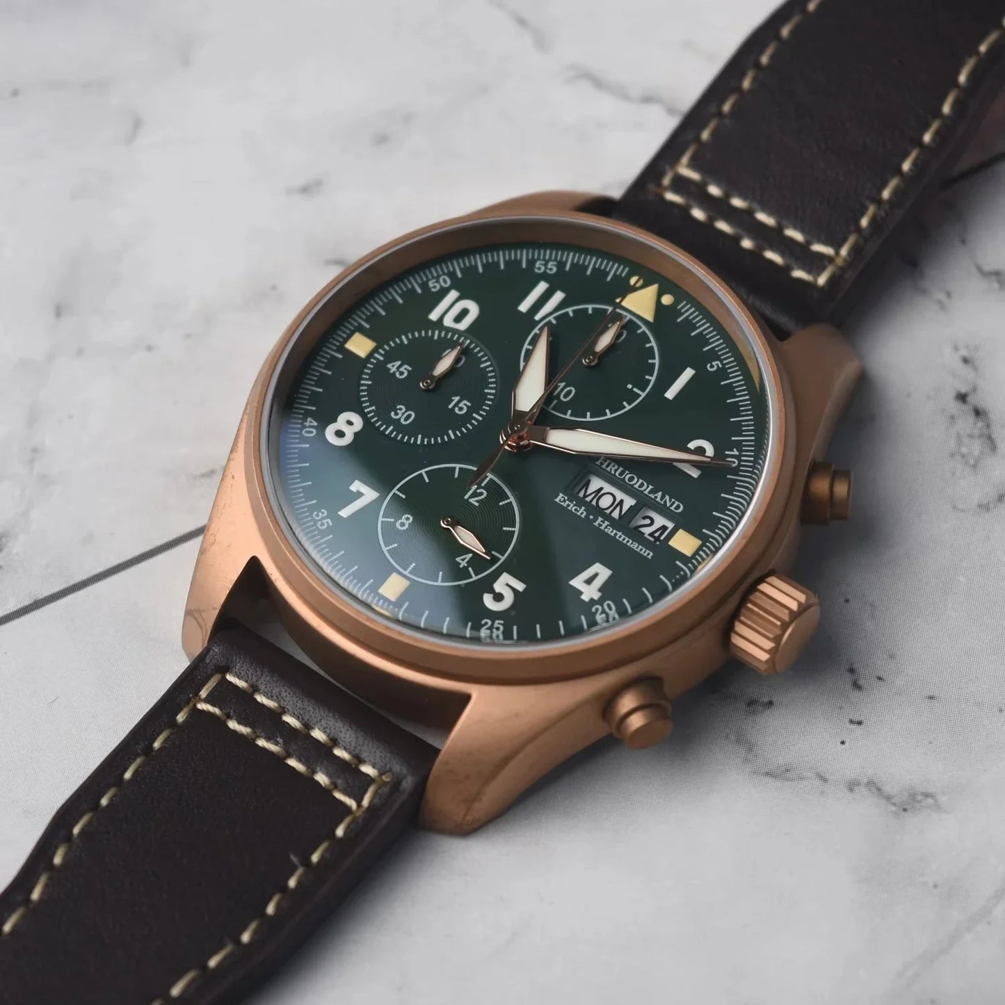 RBB Bronze Pilot Chronograph Watch – 100M Waterproof, Sapphire Crystal, Multifunction Quartz Men’s Wristwatch