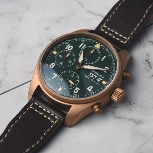 RBB Solid Bronze Men's Quartz Pilot Watch – Chronograph, Sapphire Crystal, 100M Waterproof, Leather Strap