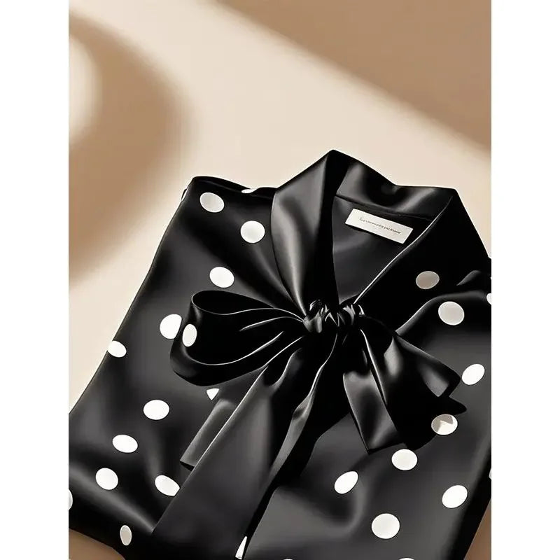 RBB Women's Satin Polka Dot Blouse – Elegant Lace-Up Bow Long Sleeve Top
